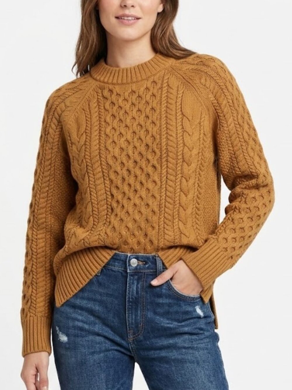 J.Crew Women's Cable Knit Fisherman Crewneck Cotton Sweater Brown Size S